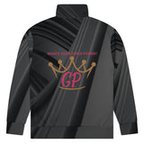 Unisex track jacket made from recycled polyester, featuring brushed fleece lining and zippered pockets.