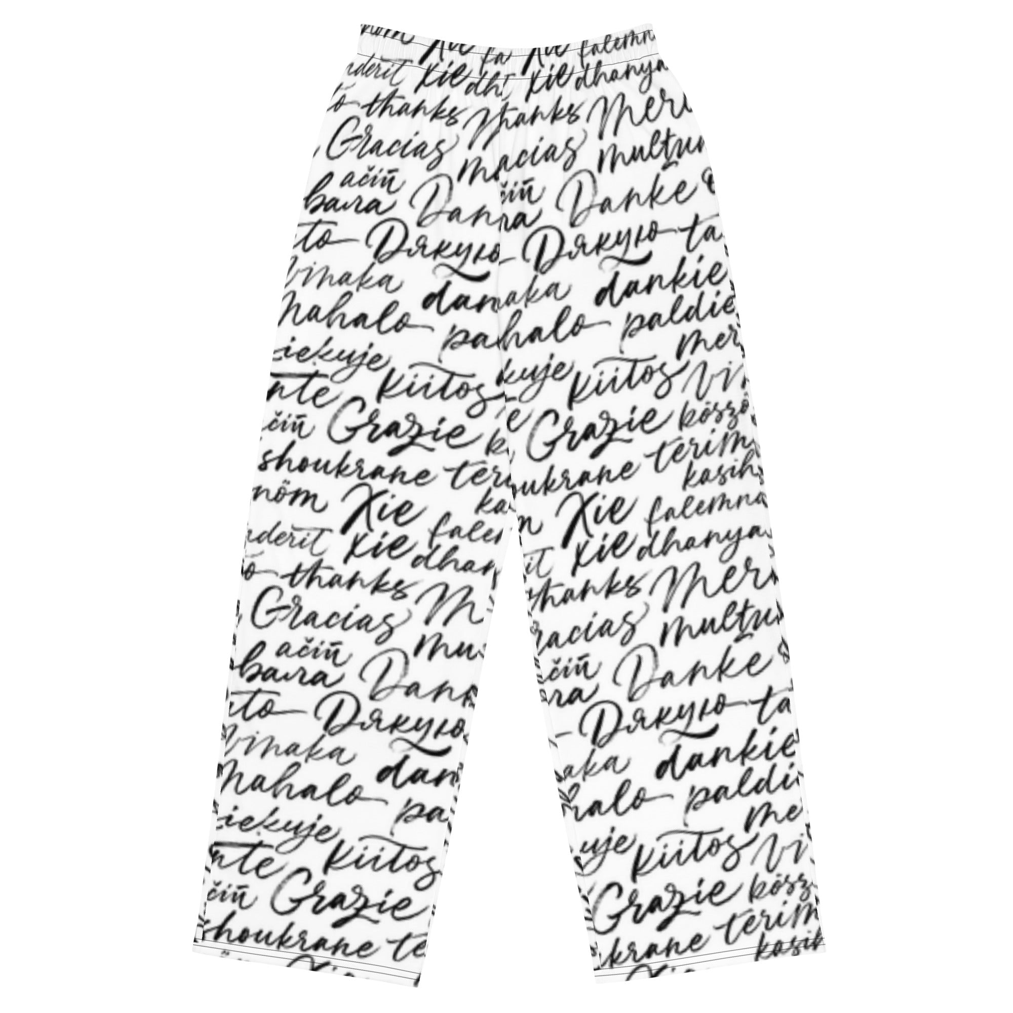 All-over print unisex wide-leg pants with an adjustable waist, side pockets, and premium knit fabric.