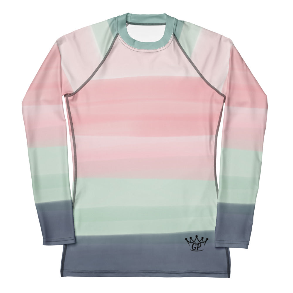 Women’s long-sleeve rash guard with UPF 50+ sun protection, made from soft four-way stretch fabric, featuring a fitted design and flat seams.