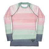 Women’s long-sleeve rash guard with UPF 50+ sun protection, made from soft four-way stretch fabric, featuring a fitted design and flat seams.