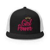 A classic trucker cap with a structured five-panel design, high profile, flat bill, and snapback closure.