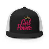 A classic trucker cap with a structured five-panel design, high profile, flat bill, and snapback closure.