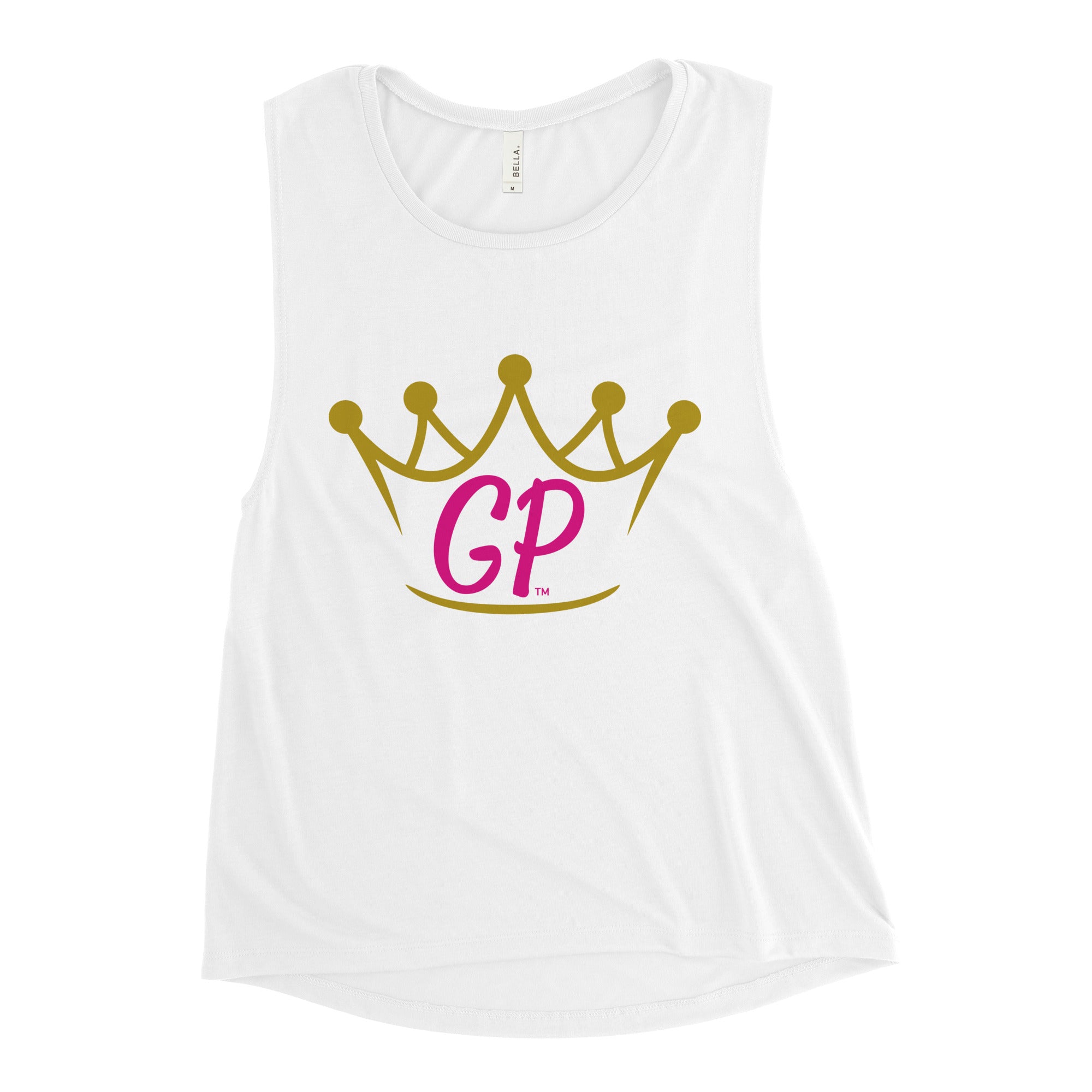 Ladies’ muscle tank with a relaxed fit, low cut armholes, and a curved bottom hem, made from soft and flowy fabric.