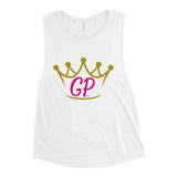 Ladies’ muscle tank with a relaxed fit, low cut armholes, and a curved bottom hem, made from soft and flowy fabric.