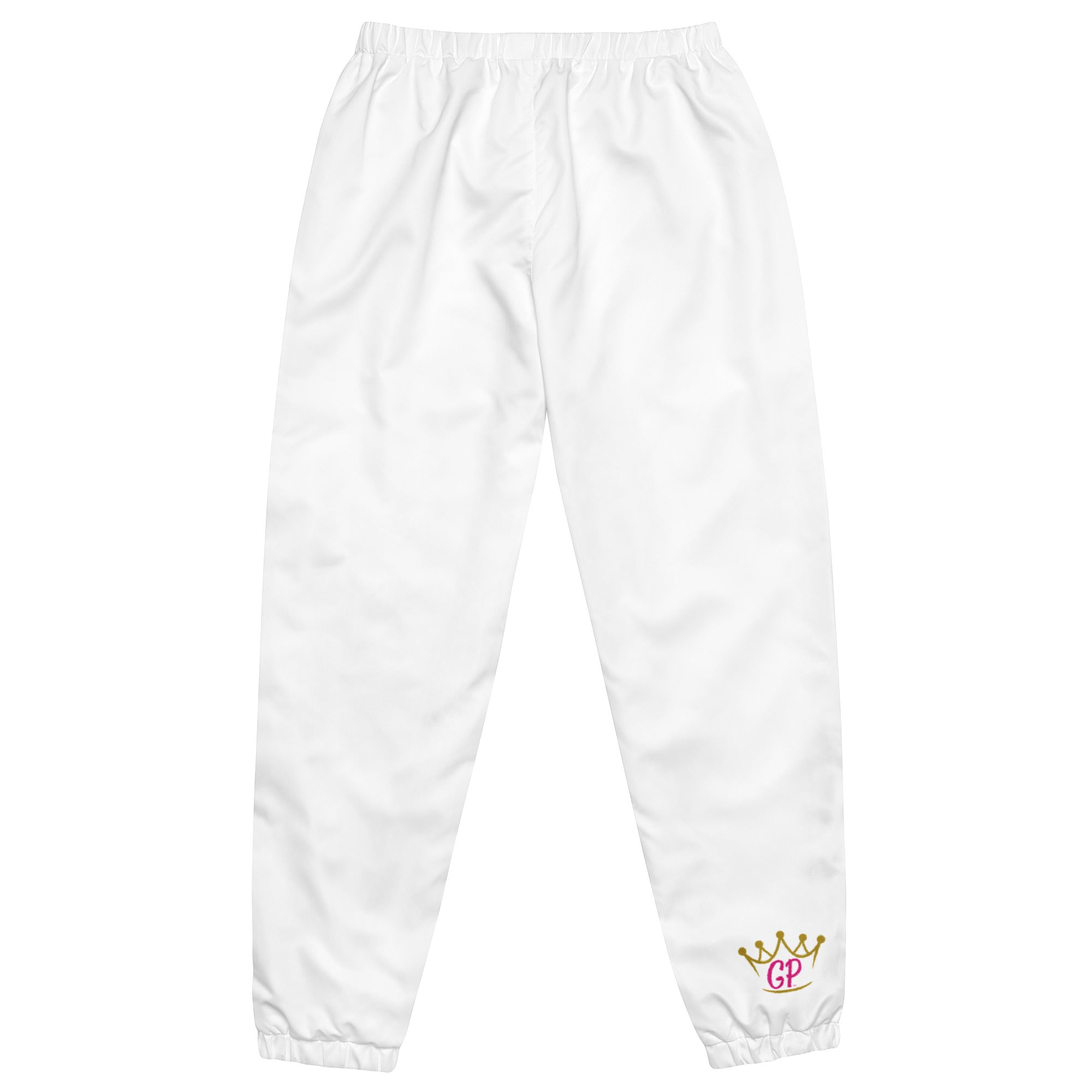 Unisex track pants made from lightweight, water-resistant fabric with a comfortable mesh lining and elastic ankle cuffs.