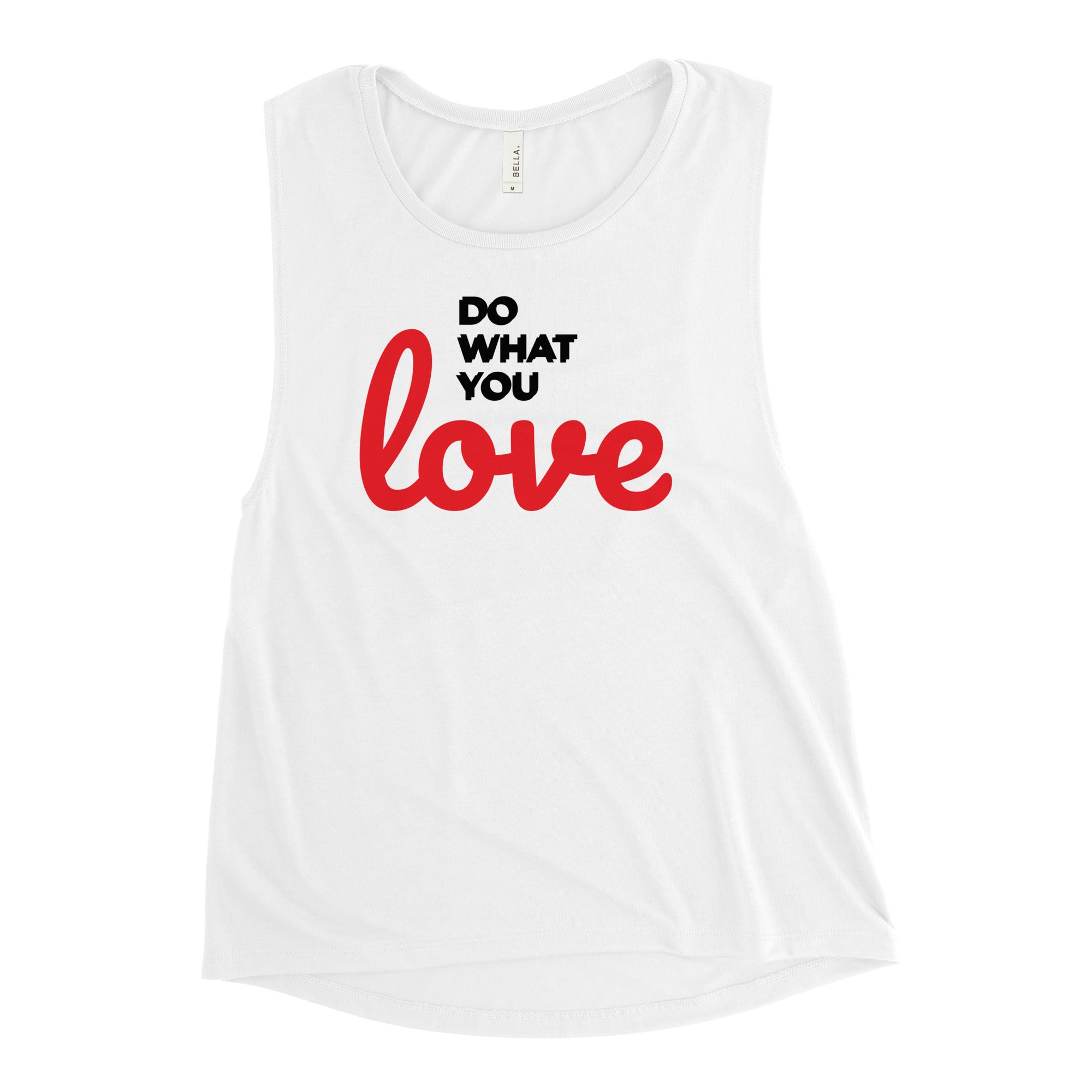 Ladies’ muscle tank with a relaxed fit, low cut armholes, and a curved bottom hem, made from soft and flowy fabric.