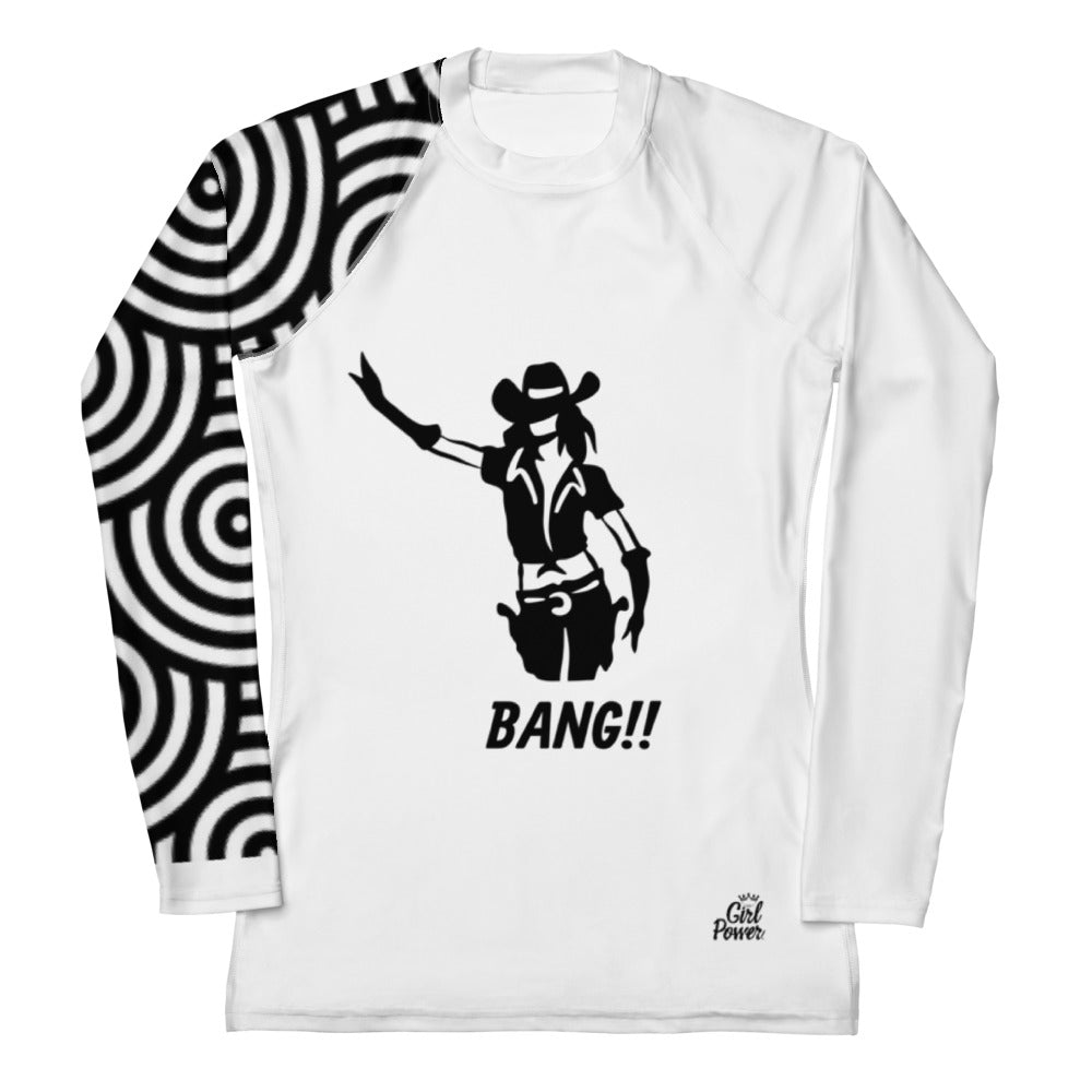 A woman wearing a fitted long-sleeve rash guard, highlighting its smooth fabric and protective features.