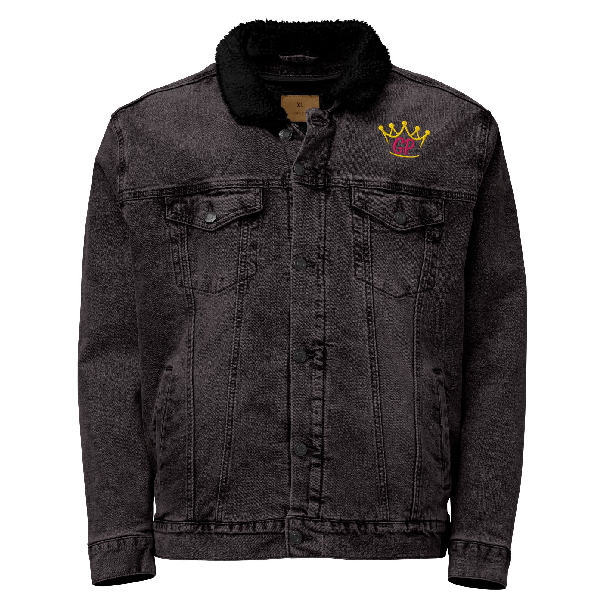 Unisex denim sherpa jacket with a recycled sherpa lining, chest pockets, and a regular fit.