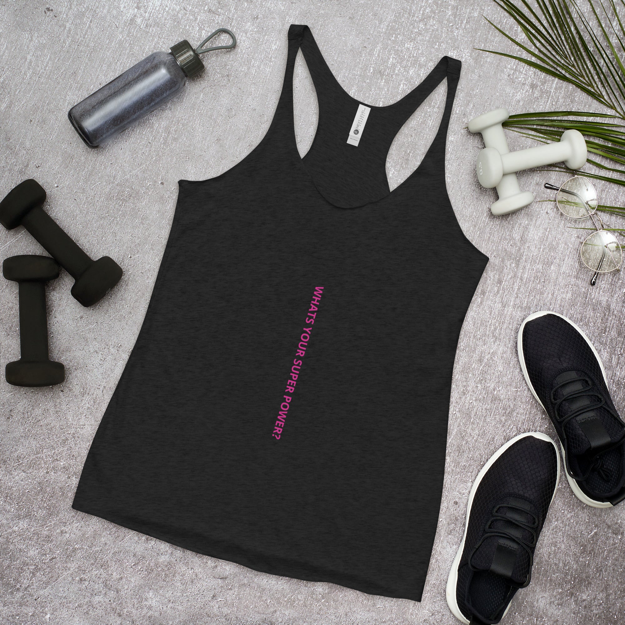 Women’s racerback tank with raw edge seams, made from a blend of polyester, cotton, and rayon, featuring a soft and lightweight design.

