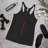Women’s racerback tank with raw edge seams, made from a blend of polyester, cotton, and rayon, featuring a soft and lightweight design.

